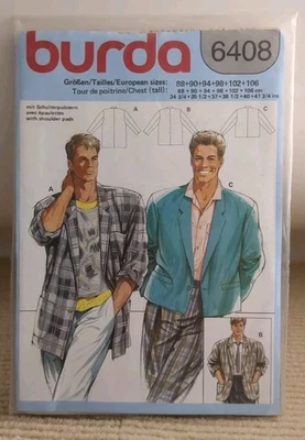Burda 6408 Men's Jacket 2 Lengths Shoulder Pads VTG Sz 34-42 UNCUT SEALED - Image 1 of 3