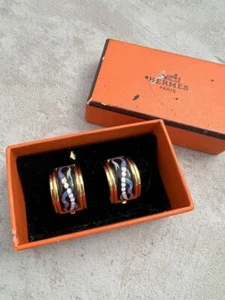 Used HERMES Earrings Emile Gold Navy for Women with Box Metal Jewelry Accessory - Picture 1 of 4