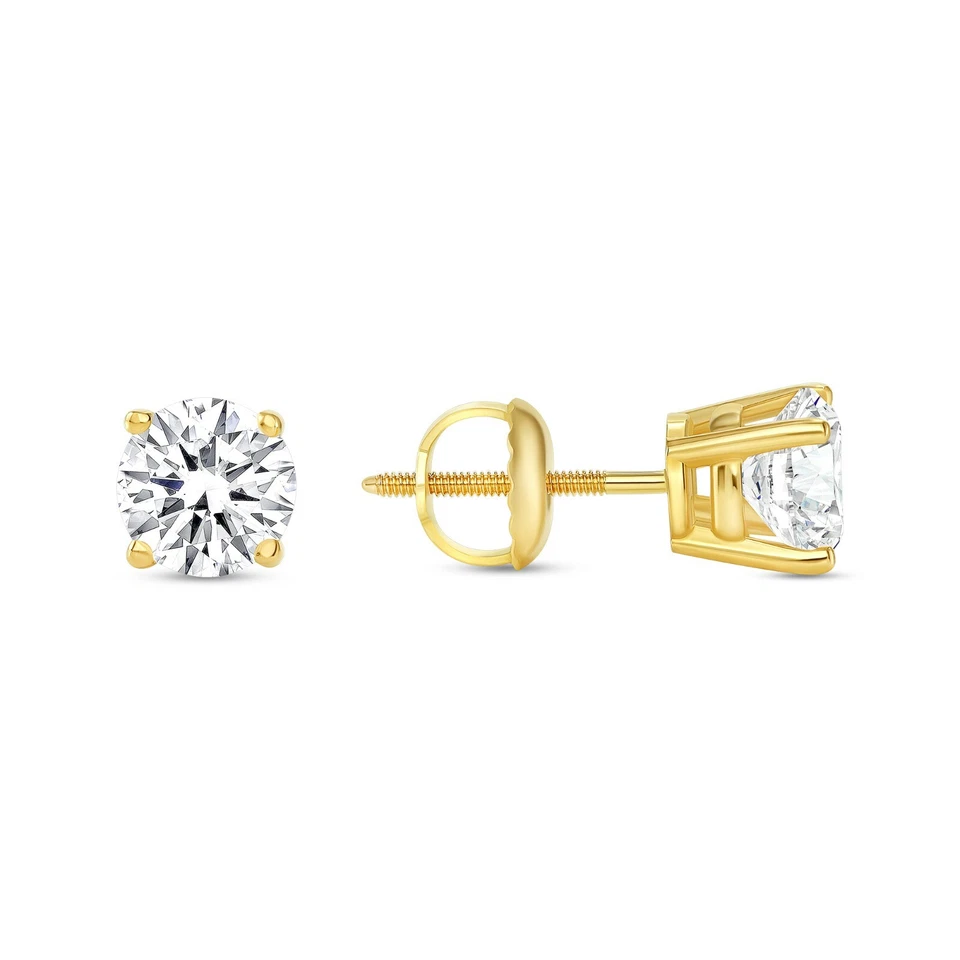 1 Ct Round Cut Created Diamond Real 14K Yellow Gold Stud Earrings Screw Back TCW - Image 1 of 3