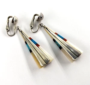 Vintage Sterling Silver Inlay Dangle Triangle Earrings Southwestern Navajo Hopi - Picture 1 of 12
