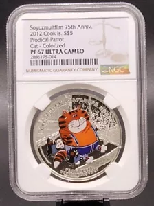 2012 COOK ISLANDS $5 SOYUZMULTFILM 75TH ANNIV. PRODICAL PARROT CAT - NGC PF67 UC - Picture 1 of 7