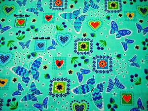 Floral Fabric By Yard SALE Yellow Blue Butterfly Hearts on Turquoise Cotton #PC - Picture 1 of 2