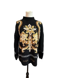 Vintage Sweater Artsy Dragon Gold Black Size L Long Sleeve Goth Mysterious - Picture 1 of 10