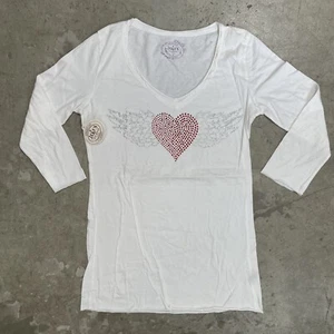 Vintage 90s Y2K Women's Long Sleeve Shirt Heart Wings Embellished Graphic Large - Picture 1 of 8