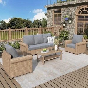 4 Piece Patio Conversation Set Outdoor Wicker Furniture Set Rattan Coffee Table - Picture 1 of 10