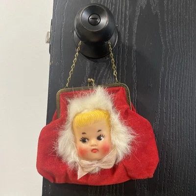 Very Rare Vintage Red Velvet Purse With Rubber Face Girl Doll Head Christmas - Image 1 of 4