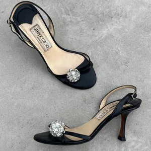 Jimmy Choo| Vintage Glass Disco Ball Appliqué Black Leather Slingback Heels (35) - Picture 1 of 9