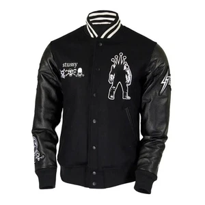Chaqueta universitaria de lana y cuero negra vintage a presión completa estilo parche loco para hombre - Imagen 1 de 9