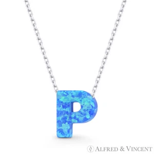 Collar colgante de plata esterlina 925 ópalo de 10 mm con letra inicial P azul creado en laboratorio - Imagen 1 de 2