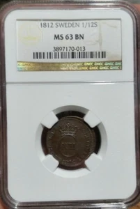 1812  Sweden  1/12 Skilling NGC MS-63 . Rare grade - Picture 1 of 4