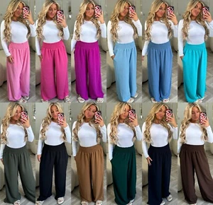 Womens High Waisted Pockets Harem Palazzo Wide Leg Casual Summer Trousers Pants - Picture 1 of 36