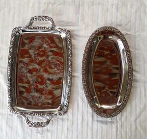 2er Set Edelstahl/Cromagantabletts, gebr., silber, verziert - Bild 1 von 5