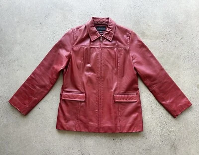 Chaqueta De Colección Express Marca Mundial Roja Cuero Brillante 2 Bolsillos Cremallera Completa Talla L Foto 1 de 4