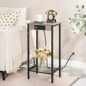 Tall Side Table with Charging Station, 28.7" H Industrial Telephone End Table... - Picture 1 of 8