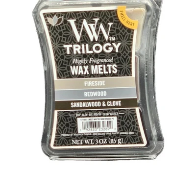 WoodWick Trilogy Fireside Redwood Sândalo cera perfumada altamente perfumada derretida - Imagem 1 de 4