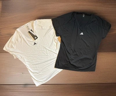NEW Adidas 2 Logo V-Neck Slim Fit Black And White T Shirt Aeroready Womens Large - Image 1 of 4