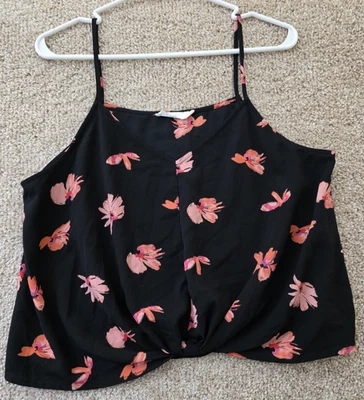 Lush Front Knot Floral Crop Tank Top Polyester V-Neck Size L Black/orange #67 - Image 1 of 4