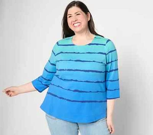 Denim & Co. Americana Favorite Jersey Ombre Striped 3/4 Slev Top Jade XS A651437 - Picture 1 of 2