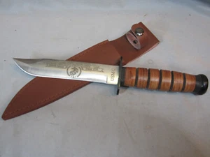 USMC Combat Knife Stacked Leather Handle & Leather Sheath 12 1/4" - Picture 1 of 6