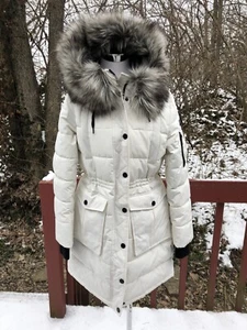 New $500 BCBG Size M White Winter Hooded Fur Parka Coat Jacket - Picture 1 of 9