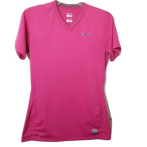 Nike Pro Womens Fitted Shirt Size Medium Pink V Neck Athletic Base Layer S/S - Picture 1 of 8