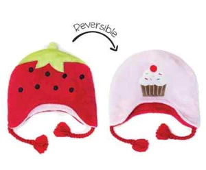 Kids Reversible pink red cute Winter Hat fleece Strawberry/Cupcake FlapJack NEW - Picture 1 of 1