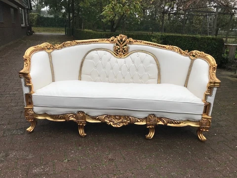 1950s French Louis XVI Settee in White Leatherette and Gold Leaf Beech Cover