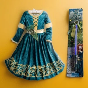 NWT Disney Parks Princess Merida Brave Costume & Light Up Wand 2pc Kids Sz 9/10 - Picture 1 of 13