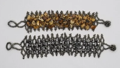 Лот из 2 широких эластичных браслетов из семян бусин - бронза металлический черный стеклянный камень - Изображение 1 из 4