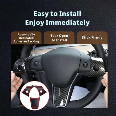 For Tesla Model Y/3 2017-2023 Carbon Fiber Interior Steering Wheel Cover Trim  - Image 1 of 4