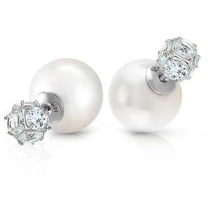 14K Solid White Gold Tribal Double Shell pearls And Aquamarines Stud Earrings - Picture 1 of 1