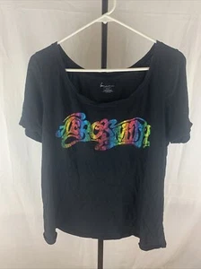 Black Wash Rainbow Glitter Aerosmith Logo Short Sleeve Casual - Picture 1 of 5