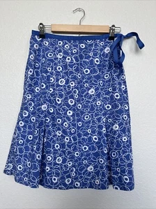 willi smith Blue Geometric Knee Length Ribbon Tie Skirt 8 100% Cotton Pleated - Picture 1 of 10