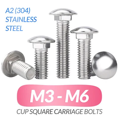 M3 M4 M5 M6 A2 STAINLESS STEEL CUP SQUARE SCREWS BOLTS CARRIAGE BOLT - Image 1 of 4