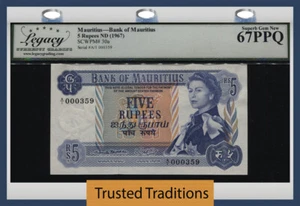 TT PK 30a 1967 MAURITIUS 5 RUPEES QUEEN ELIZABETH II LCG 67 PPQ SUPERB GEM NEW - Picture 1 of 2