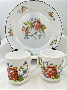 3 Pcs Vtg Arcopal Provincial Milk Glass Floral France Dinner Plate & Mugs - Picture 1 of 13