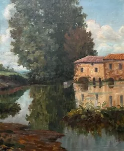Constructions Au Bord De l'Eau, Huile Sur Toile, Signature à Identifier, XXe - Imagen 1 de 8