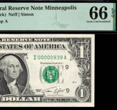 1974 $1 Federal Reserve Note PMG 66EPQ fancy low serial number 00000939 - Image 1 of 3