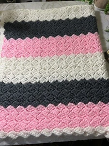 crocheted baby blanket / Throw 38x 34 Inches EUC Gray, Pink And White Colors - Picture 1 of 8