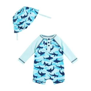 Mud Pie Camo Shark Rash Guard One-Piece Swimsuit & Hat Set  0-3M 3-6M 6-9M 9-12M - Picture 1 of 1