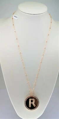 NUOVA COLLANA DONNA lettera R iniziale nome OTTONE ROSATO CHARM ZIRCONI PUNTO G - Immagine 1 di 4