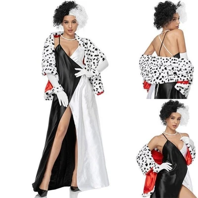 COSTUME DONNA CRUDELIA VESTITO PARRUCCA MANTELLO DALMATA HALLOWEEN VESTITO FANTASIA DEVILLE $+ - Immagine 1 di 4