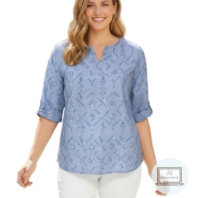 Blusa de mujer Chico's Top cuello dividido azul bordado manga puños talla 2 | L Foto 1 de 4