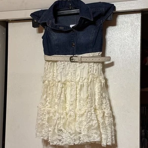 V-ZUNIE GIRLS CAP SLEEVE DENIM TOP IVORY BOTTOM LINED DRESS Size 4 NWT - Picture 1 of 7