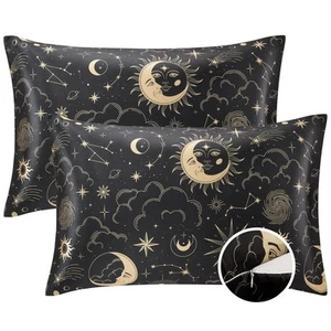 Silky Zippered Pillowcase 2 Pack Queen Size- Black Printed Satin Pillowcase 2... - Picture 1 of 9