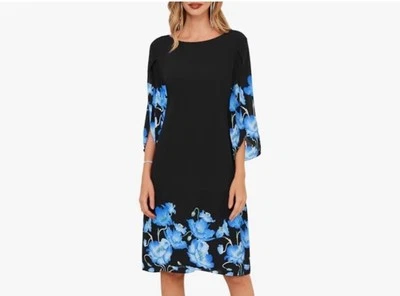 Grace Karin Black Floral Chiffon Dress NWT size 22W Split Sleeve Blue Flowers - Image 1 of 4
