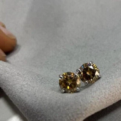 2 Ct. Heated & Pressure Treated Champagne Diamond 4 Prong Studs in 925 Silver - Image 1 of 2
