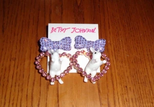 BETSEY JOHNSON White Bunny Crystal Studded Purple Bow Pink Heart Earrings Easter - Picture 1 of 2