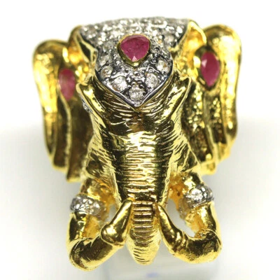 Edelstein Roter Rubin & Weiß Zirkonia Elefant Schmuck Ring 925 Silber Größe 6.5 - Bild 1 von 4