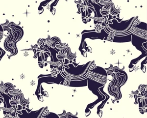 Cotton Fabric Carousel Horses Unicorns Navy Print Craft Fabric Material Metre - Picture 1 of 6